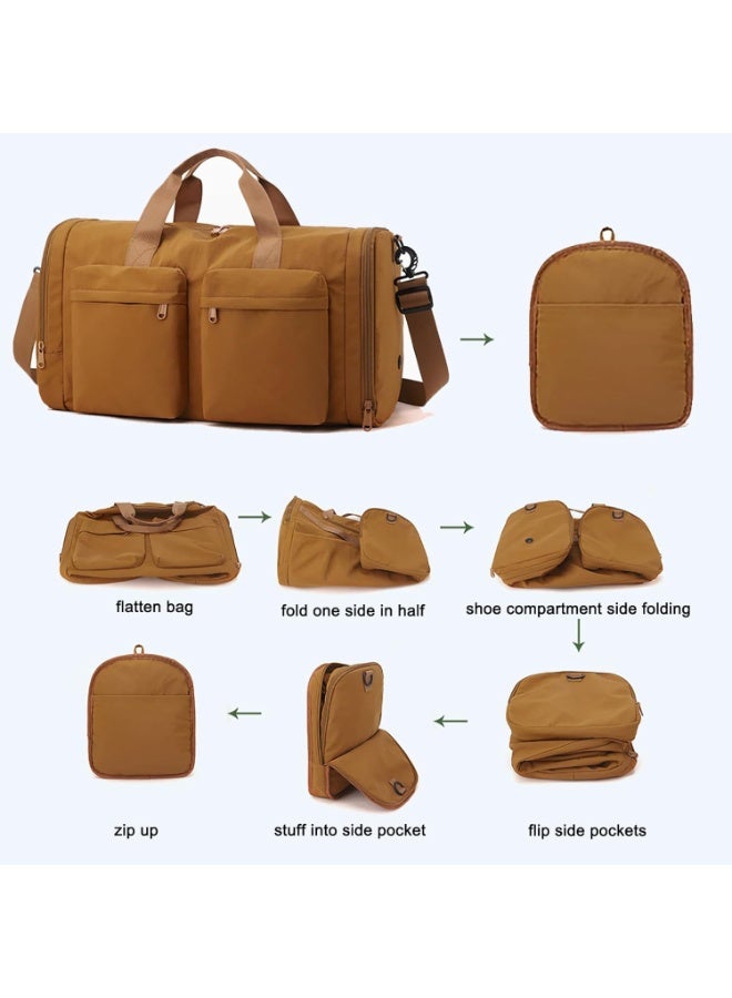 Bukela Foldable Travel Duffel Bag Collapsible Gym Duffle Bag with Shoe Compartment Wet Pocket Trolley Sleeve Carry On Duffel Bag for Men Women (Brown) - Image 4